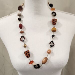 Chico's Necklace Animal Print Beaded Lightweight  28"-‎ Brown Orange Gold